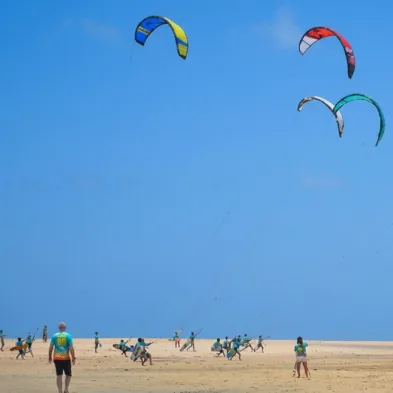 Kitesurfer riding the lagoon waters off Kalpitiya Sri Lanka
