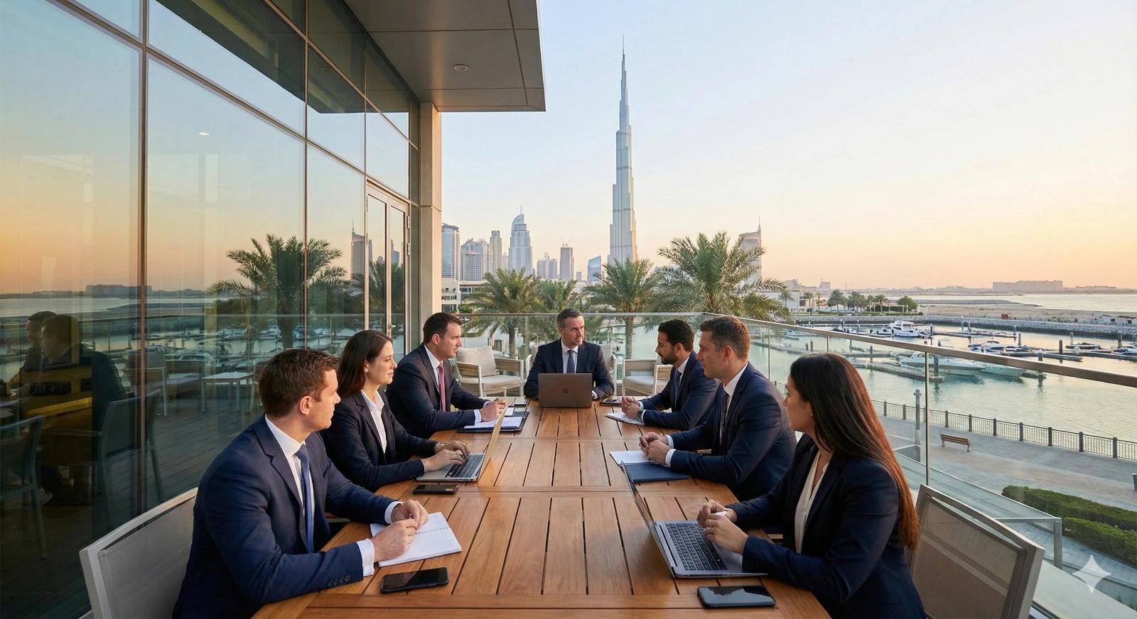 Business meeting setup with conference tables and presentation screen