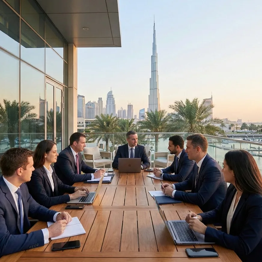 Business meeting setup with conference tables and presentation screen