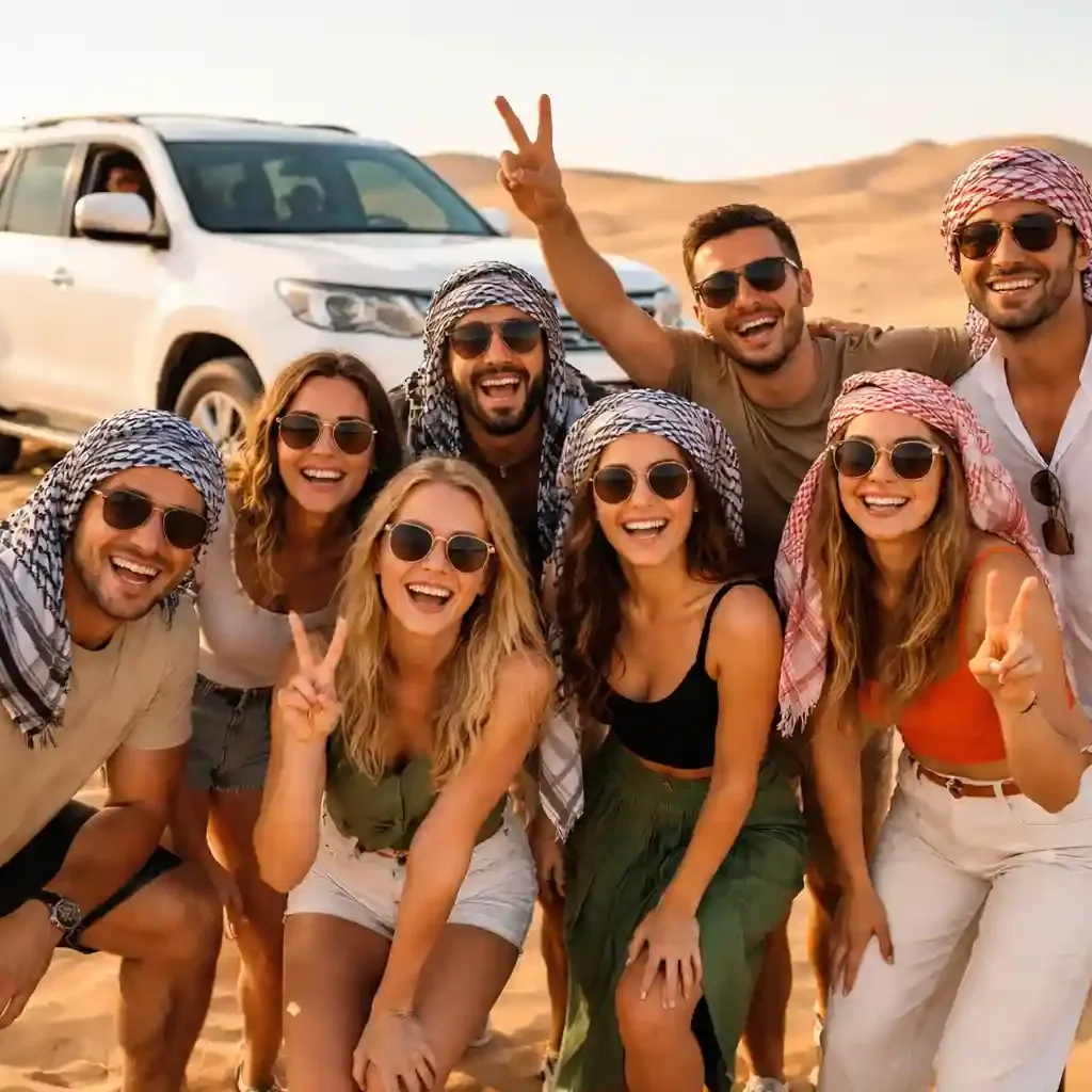 Dubai desert safari with dune bashing vehicles and golden sand dunes at sunset
