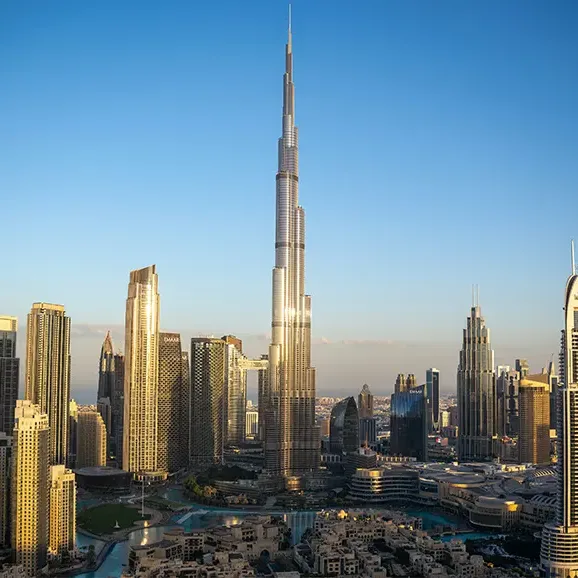 Burj Khalifa skyline view in Dubai with city lights from observation deck