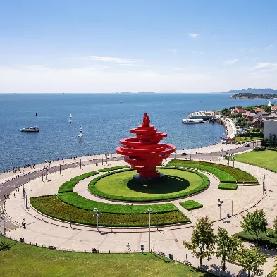 Qingdao coastline with beaches, historic architecture, and city skyline