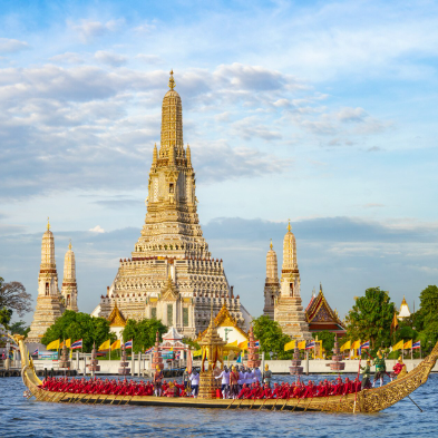 Bangkok skyline with temples, Chao Phraya River, and vibrant cityscape