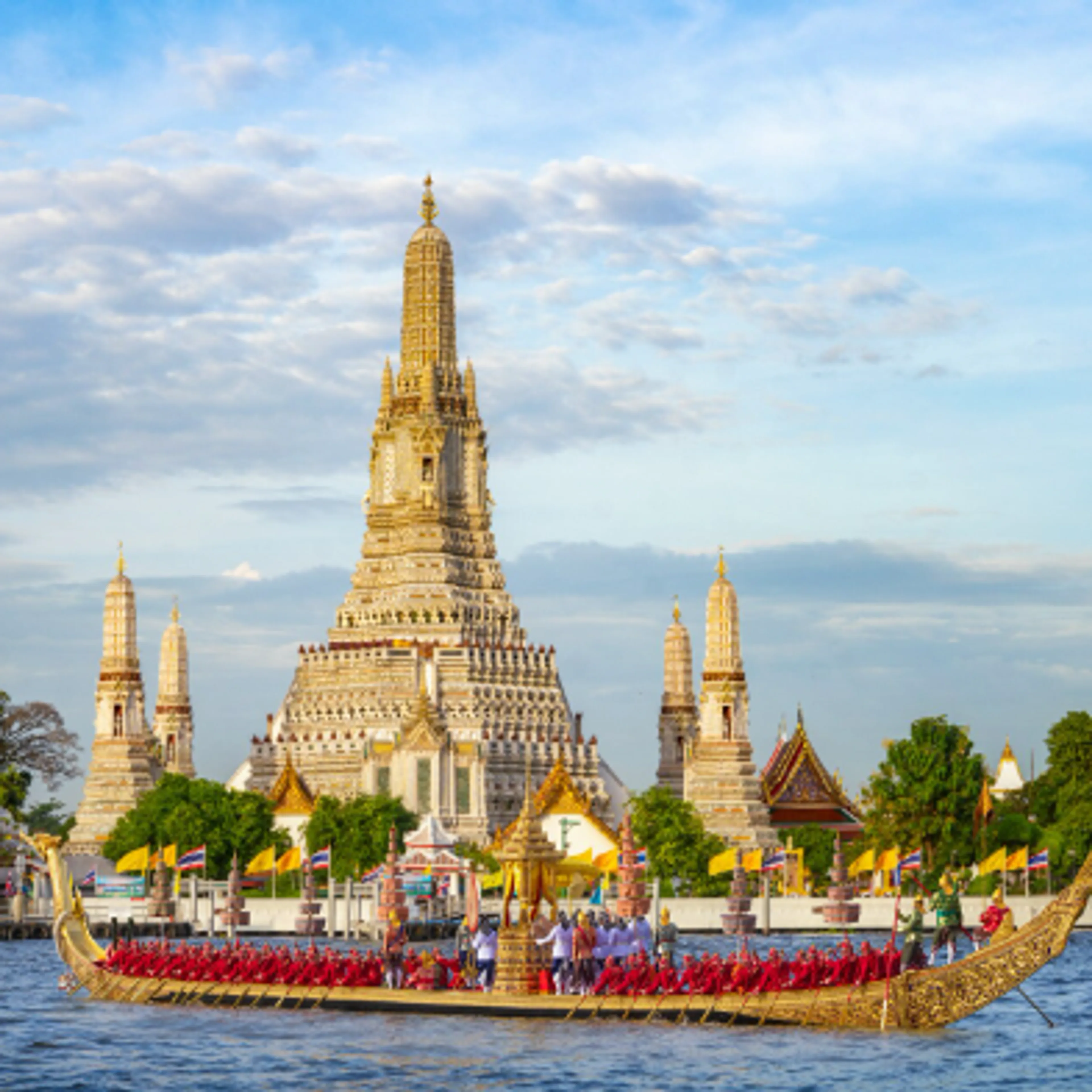Bangkok skyline with temples, Chao Phraya River, and vibrant cityscape