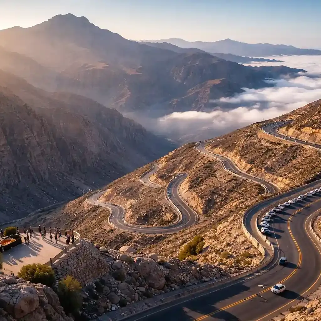 Jebel Jais mountains with zipline adventure over rugged landscape in Ras Al Khaimah
