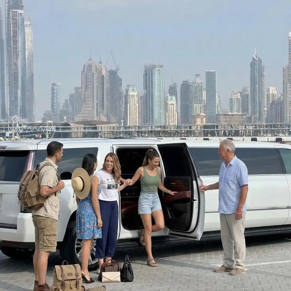 Luxury limousine sightseeing tour passing Dubai city landmarks