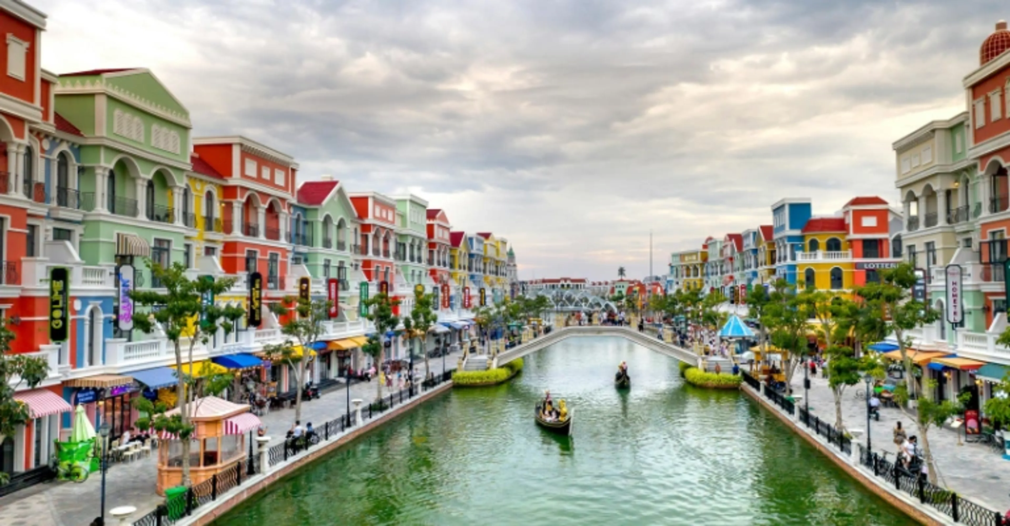 Colorful canal-side buildings at Grand World Phu Quoc