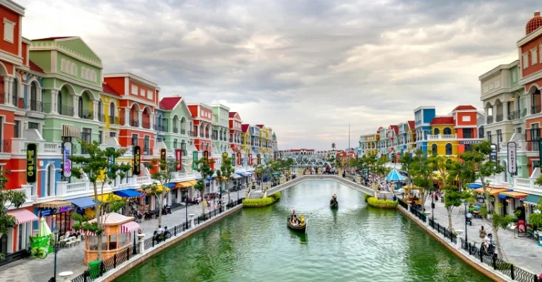 Colorful canal-side buildings at Grand World Phu Quoc