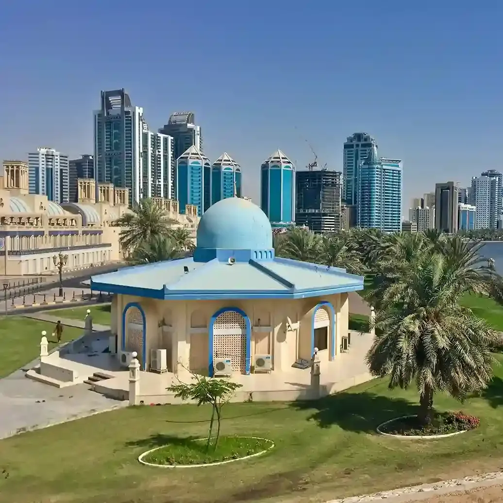 Sharjah city skyline with cultural landmarks and waterfront