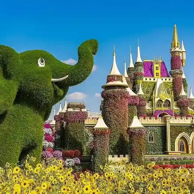 Dubai Miracle Garden colorful floral sculptures and flower displays