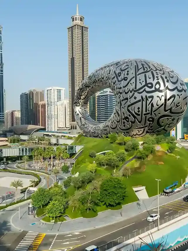 Museum of the Future Dubai with futuristic torus-shaped architecture and Arabic calligraphy facade