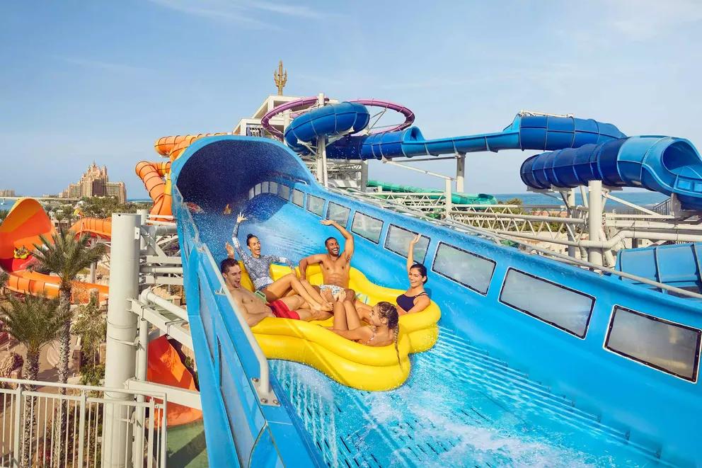 Atlantis Aquaventure waterpark with large slides and Atlantis hotel in background