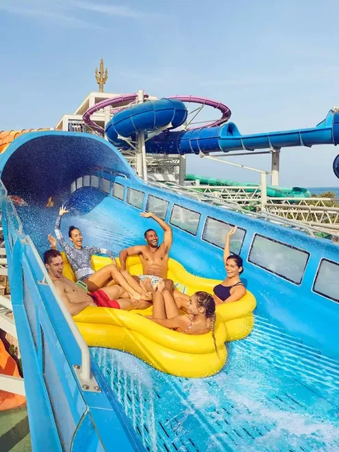 Atlantis Aquaventure waterpark with large slides and Atlantis hotel in background