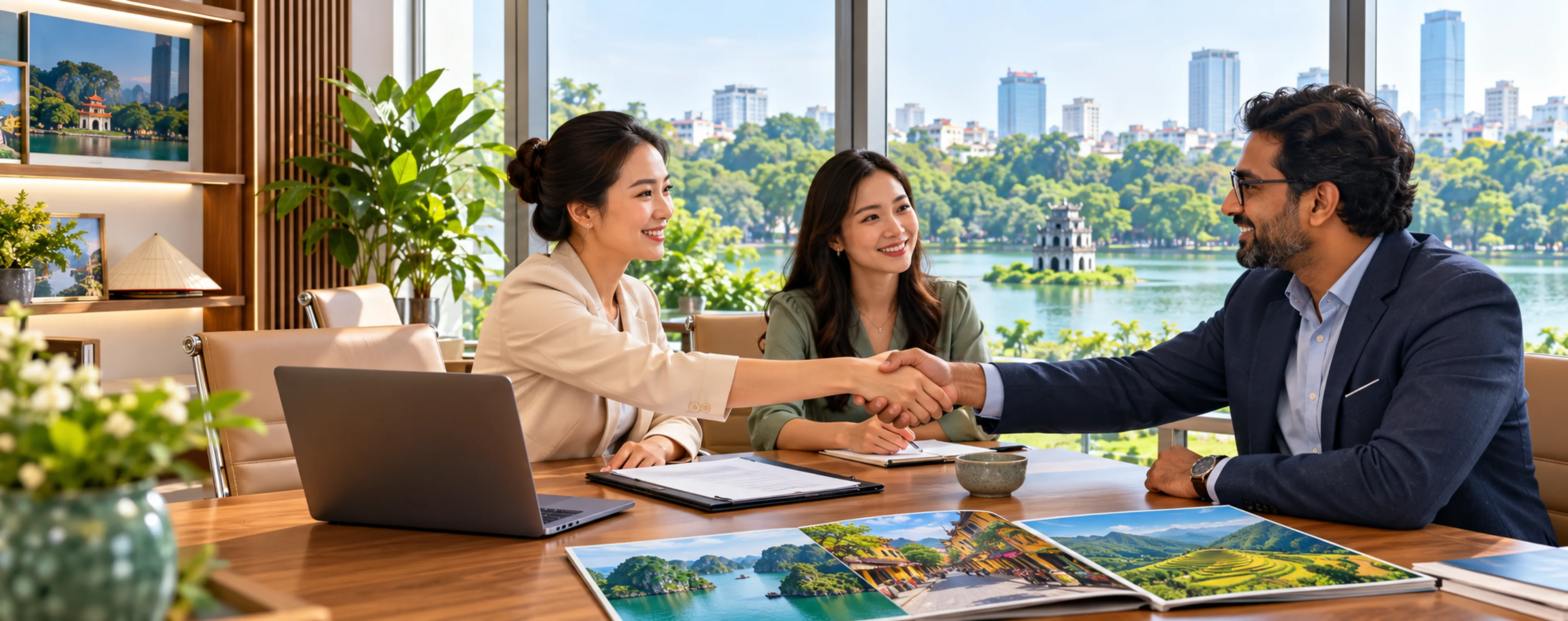 Handshake at a meeting table overlooking Hoan Kiem Lake