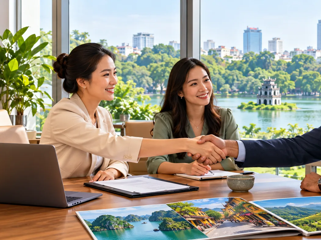 Handshake at a meeting table overlooking Hoan Kiem Lake