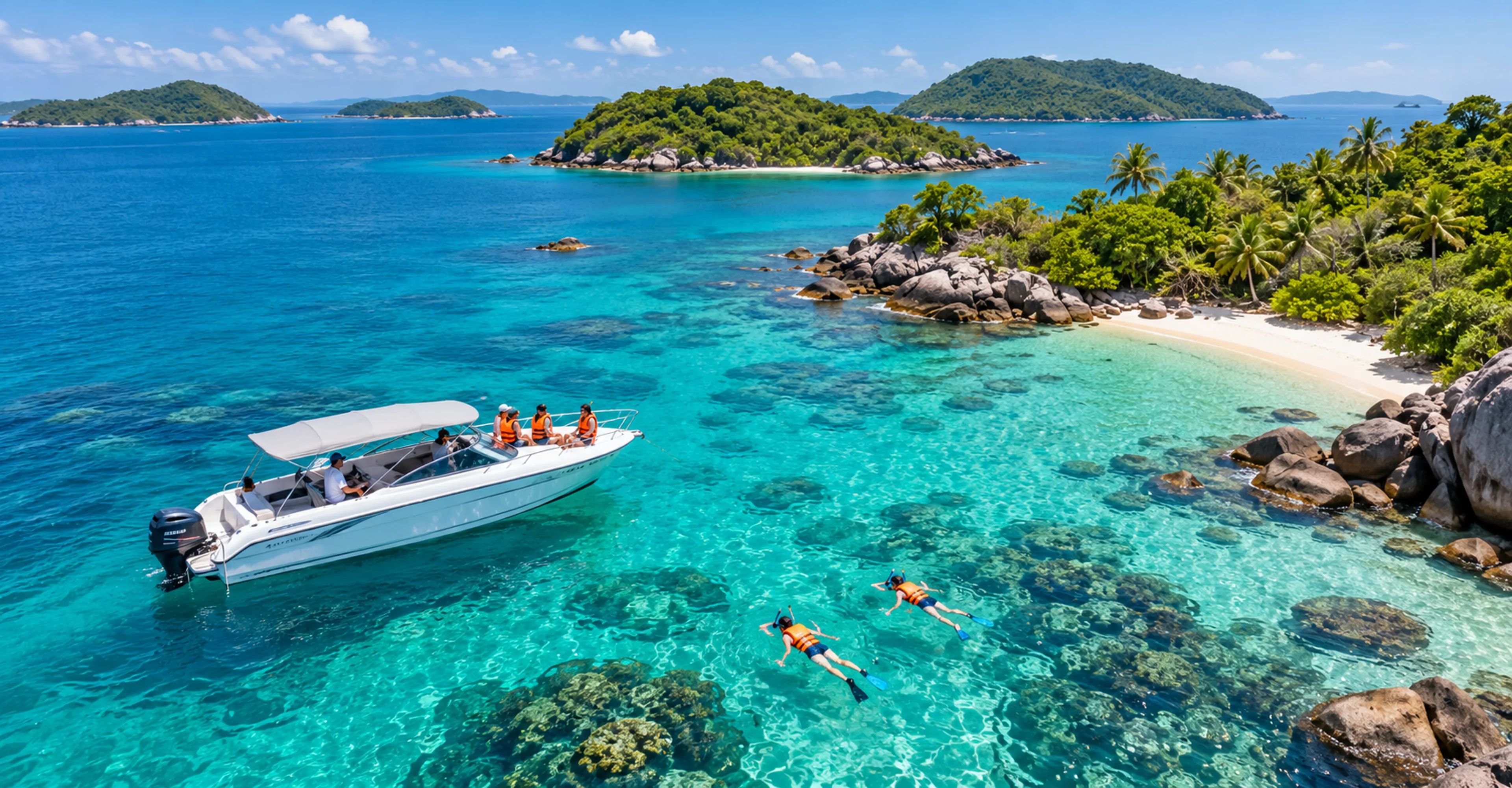 Travelers snorkeling from a private speedboat on a Phu Quoc DMC island hopping trip in the An Thoi archipelago