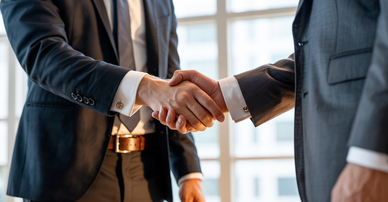Close-up handshake between two business partners in suits