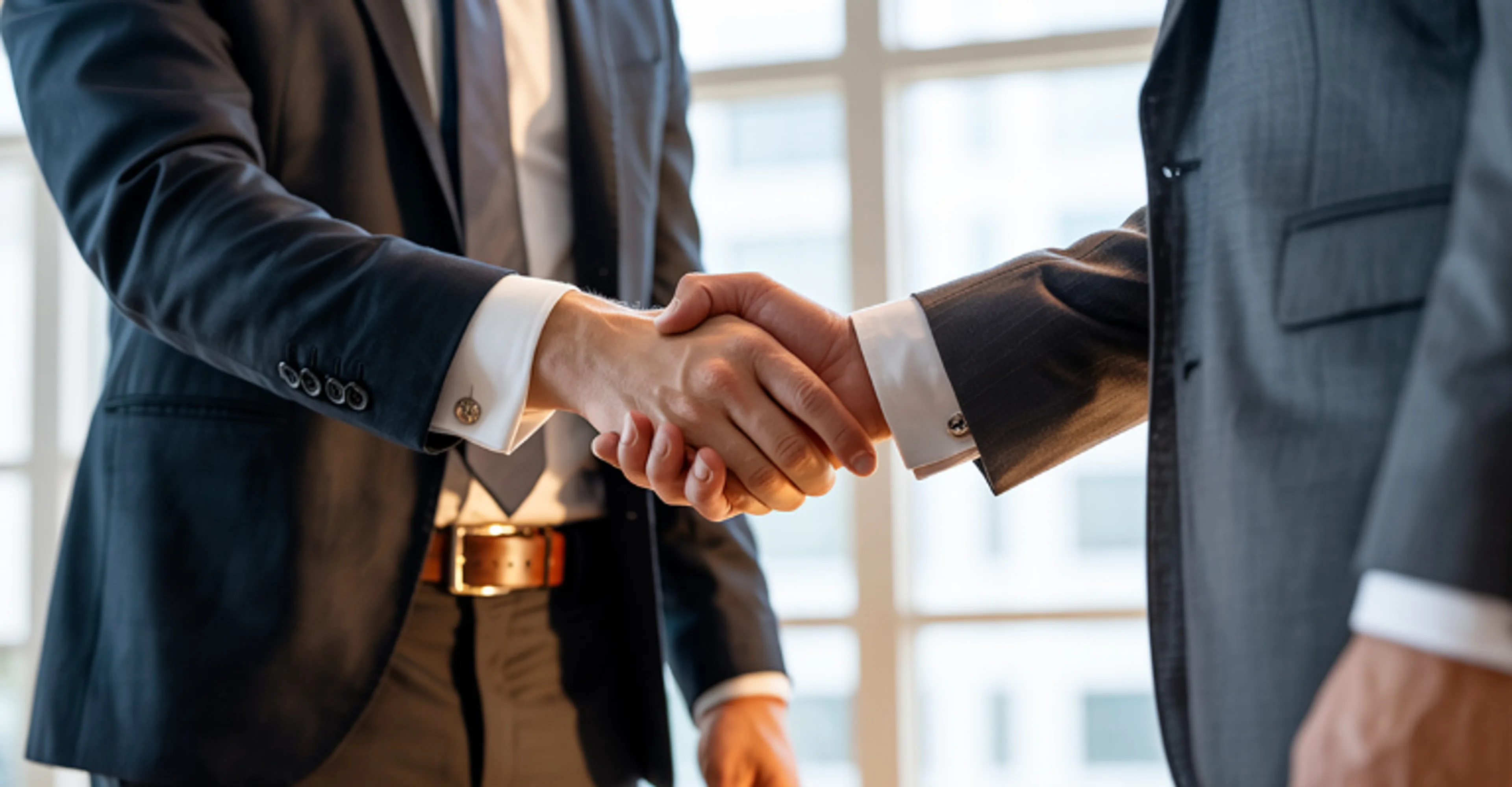 Close-up handshake between two business partners in suits
