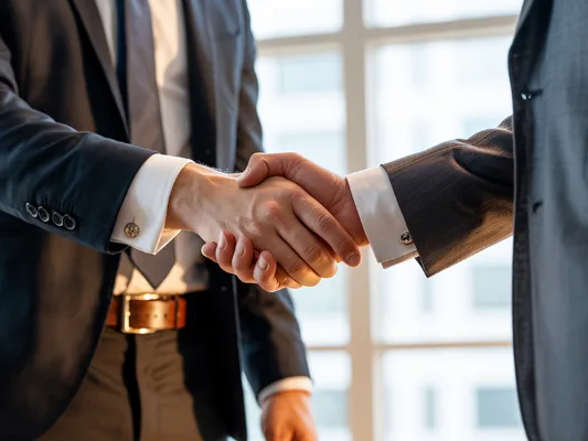 Close-up handshake between two business partners in suits