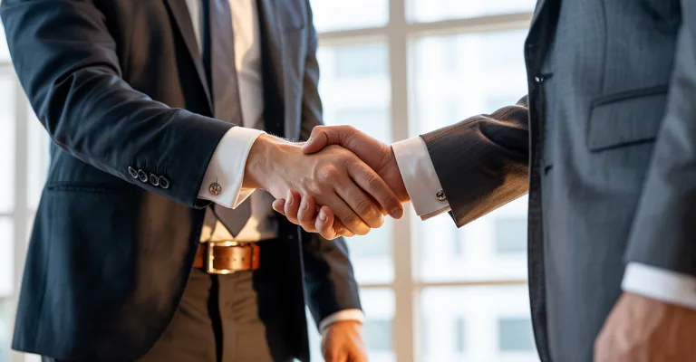 Close-up handshake between two business partners in suits