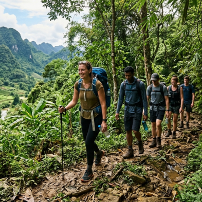 Trekkers hiking past rice terraces and villages in Pu Luong Nature Reserve Vietnam