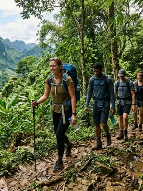 Trekkers hiking past rice terraces and villages in Pu Luong Nature Reserve Vietnam