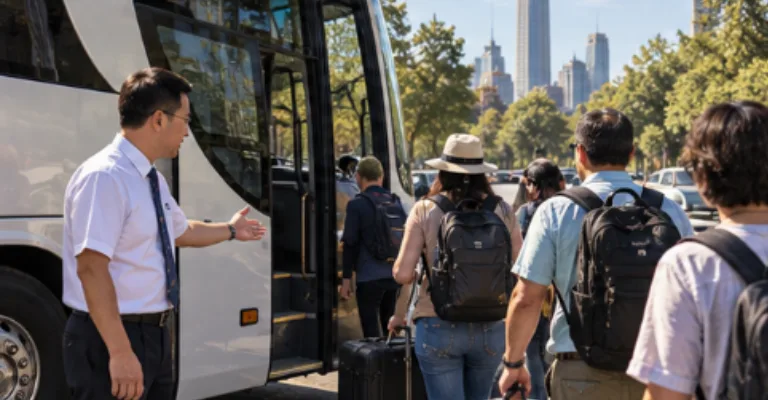 China DMC driver welcoming a tour group onto a private coach