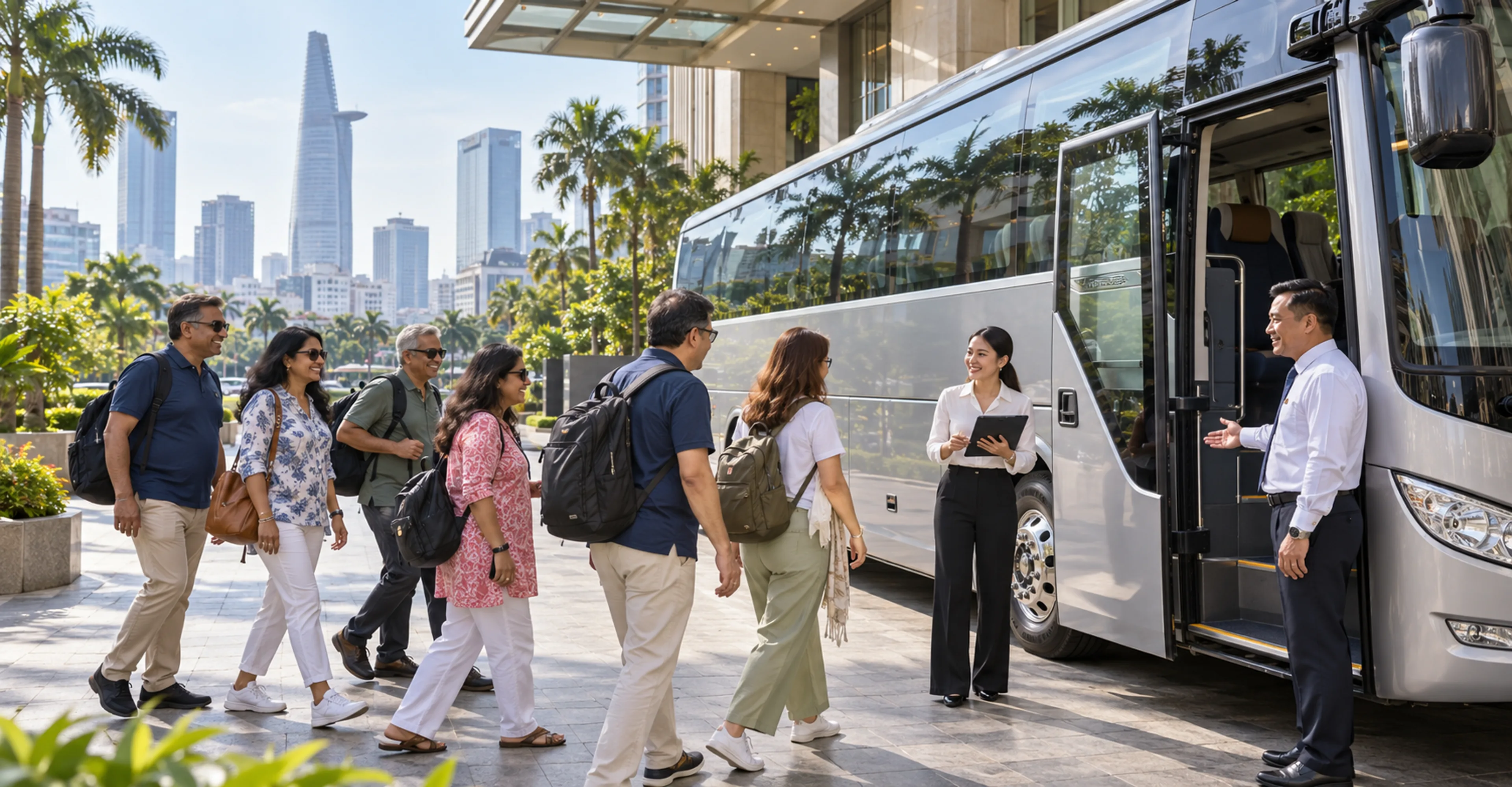 Tour coordinator checking in a tour group as they board a coach outside a hotel in Ho Chi Minh City