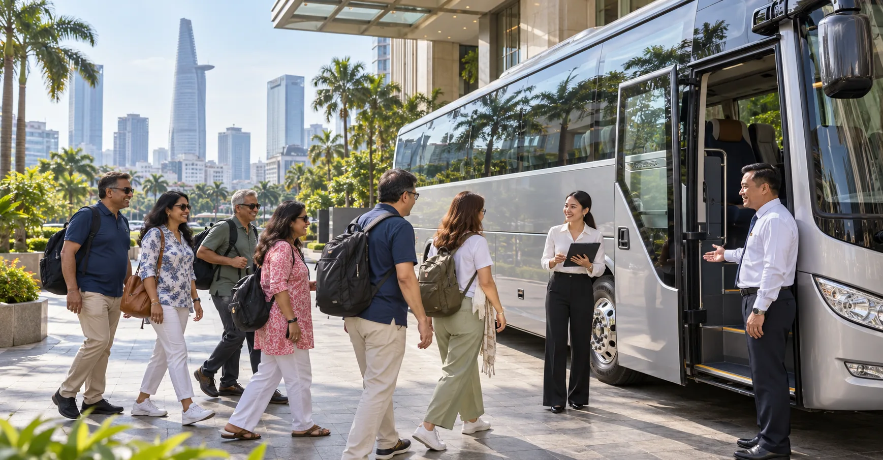 Tour coordinator checking in a tour group as they board a coach outside a hotel in Ho Chi Minh City