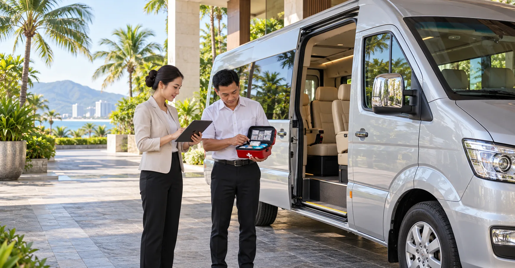Coordinator with a tablet and a driver checking a first aid kit beside a van