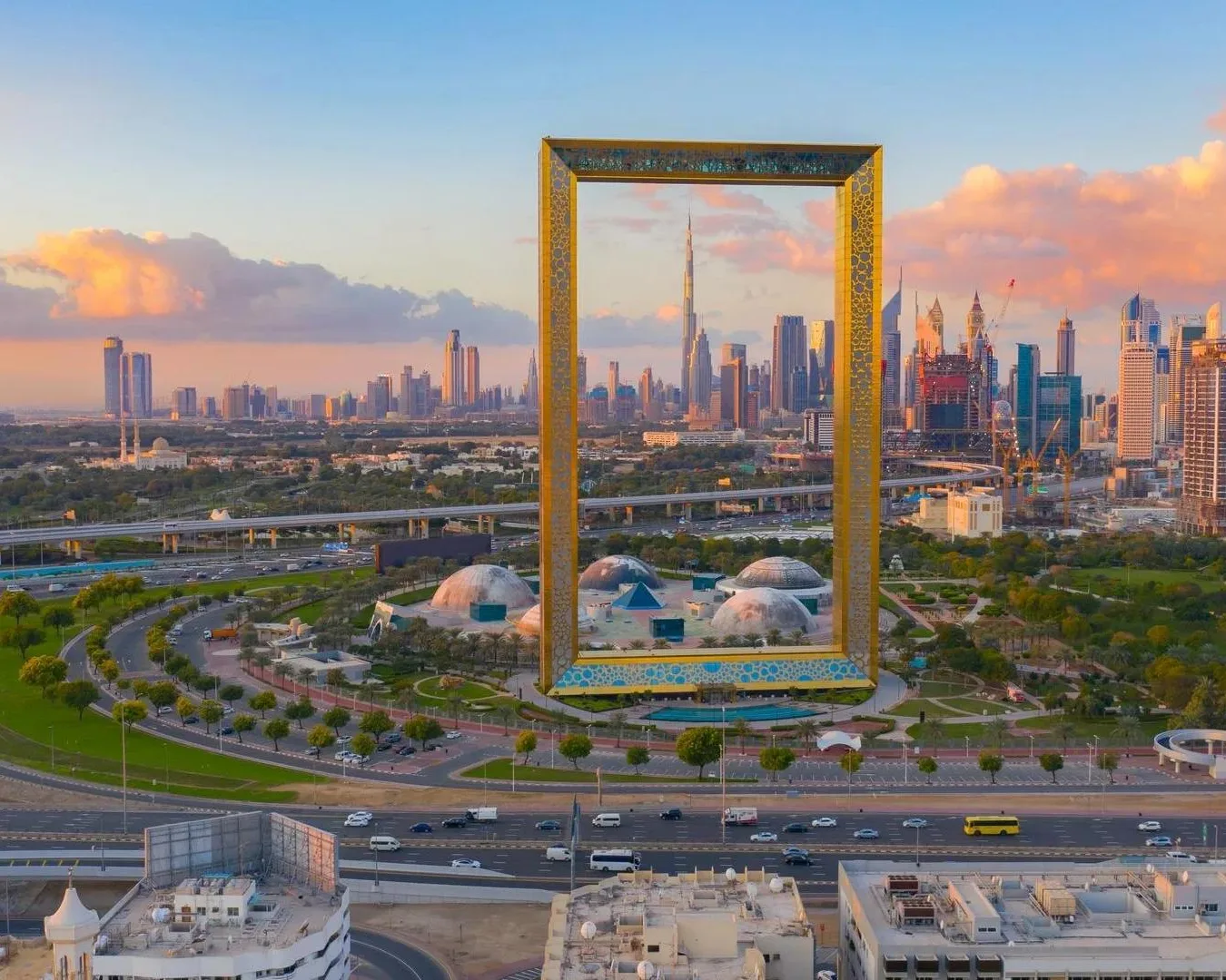 Dubai Frame at sunset, framing the downtown skyline.