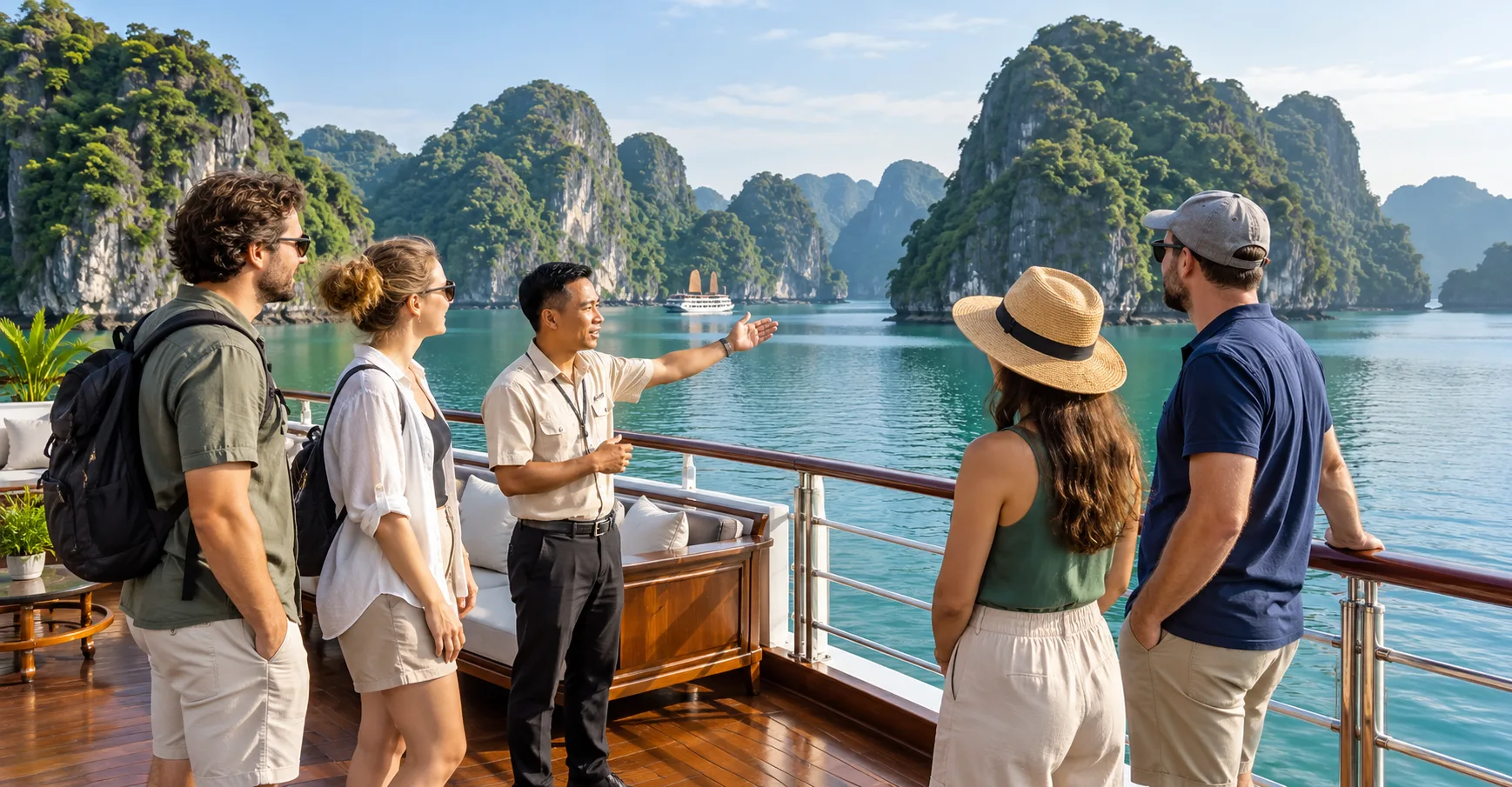 Guide pointing out the karst islands to a group on a cruise deck