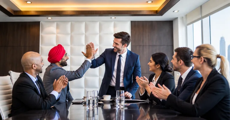 Business team celebrating with a high-five around a boardroom table