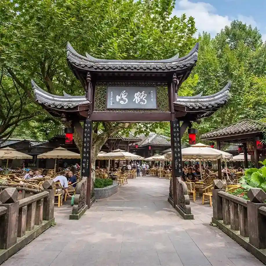 People's Park Chengdu with traditional tea houses, gardens, and locals enjoying leisure activities