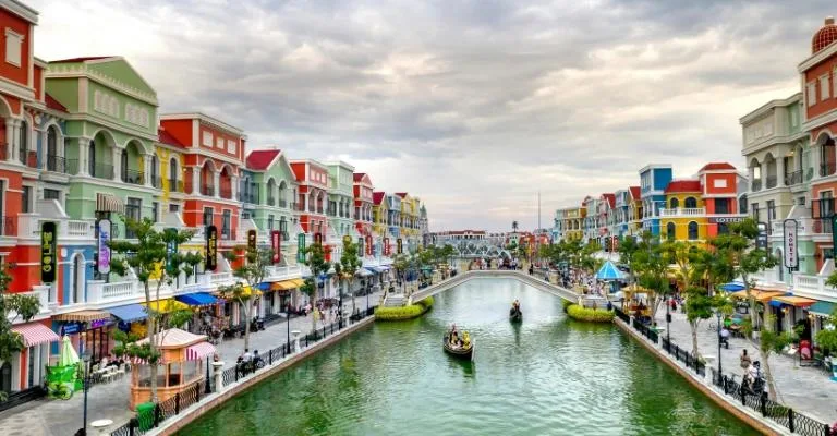 Colorful canal-side buildings at Grand World Phu Quoc