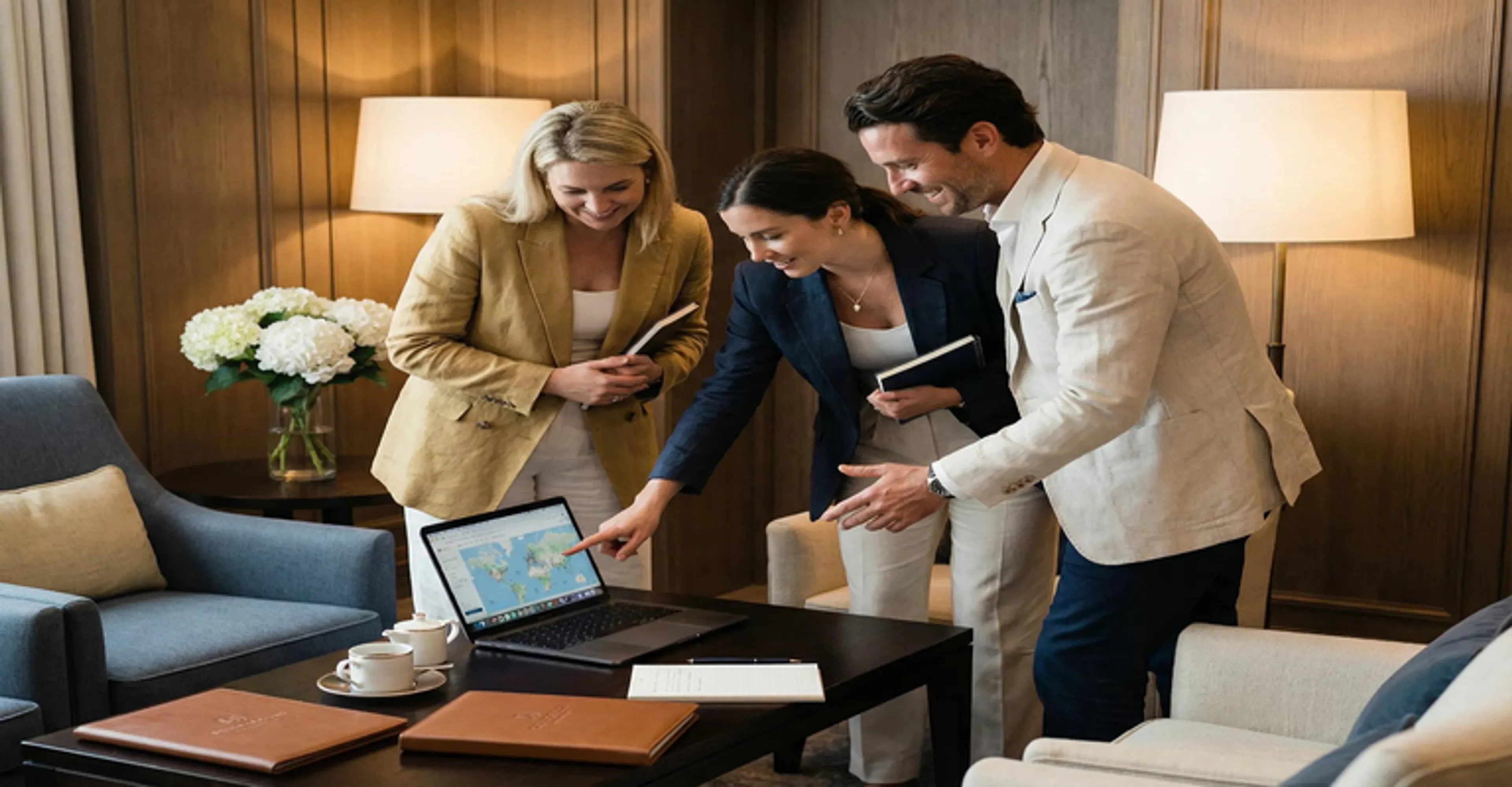 Travel partners reviewing a destination map together on a laptop in a hotel lounge