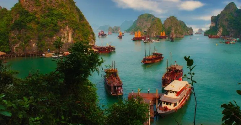 Traditional junk boats anchored among limestone karst islands in Halong Bay