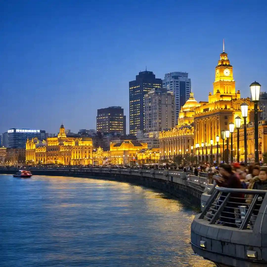 The Bund waterfront in Shanghai with historic colonial buildings along Huangpu River skyline