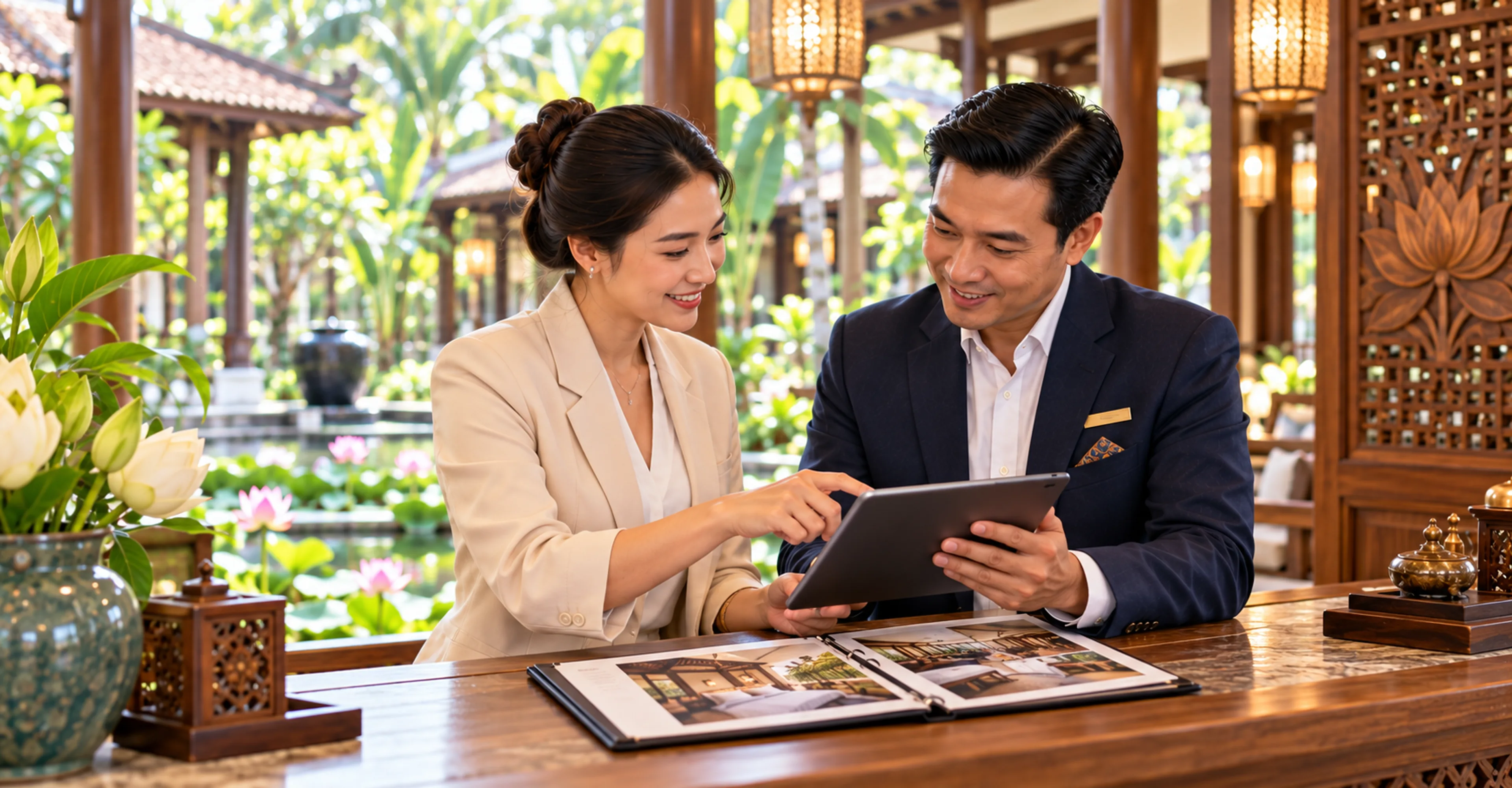 Two consultants reviewing hotel options on a tablet in a resort lobby