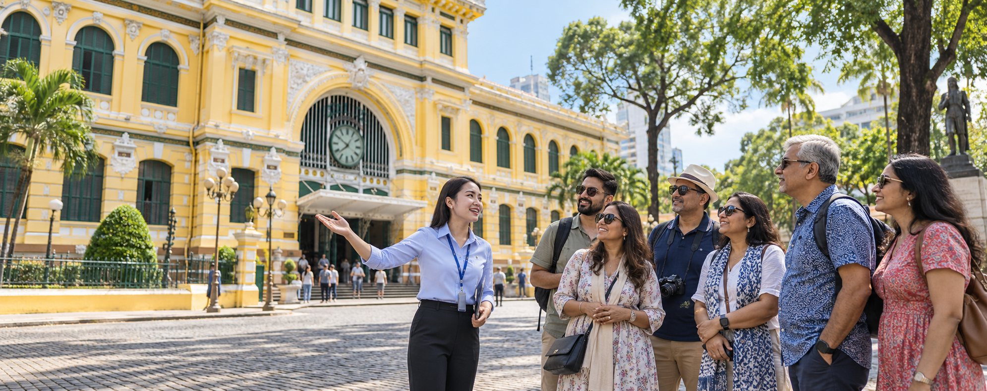 Local guide leading a group tour at the Saigon Central Post Office in Ho Chi Minh City, Vietnam