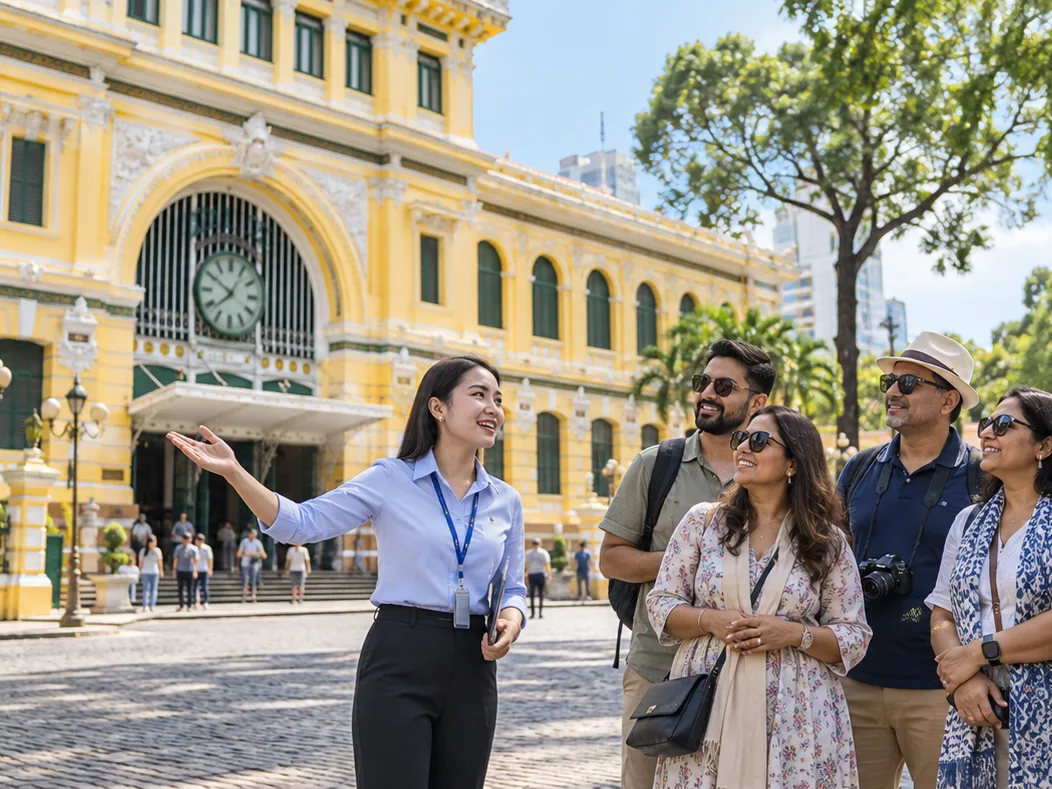 Local guide leading a group tour at the Saigon Central Post Office in Ho Chi Minh City, Vietnam