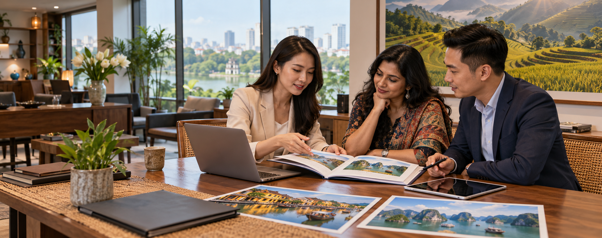 DMC consultants reviewing Vietnam brochures with a client in a Hanoi office