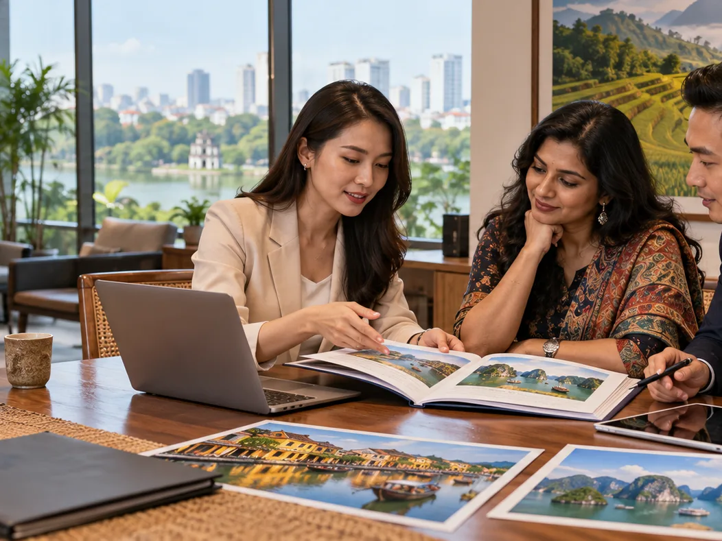 DMC consultants reviewing Vietnam brochures with a client in a Hanoi office