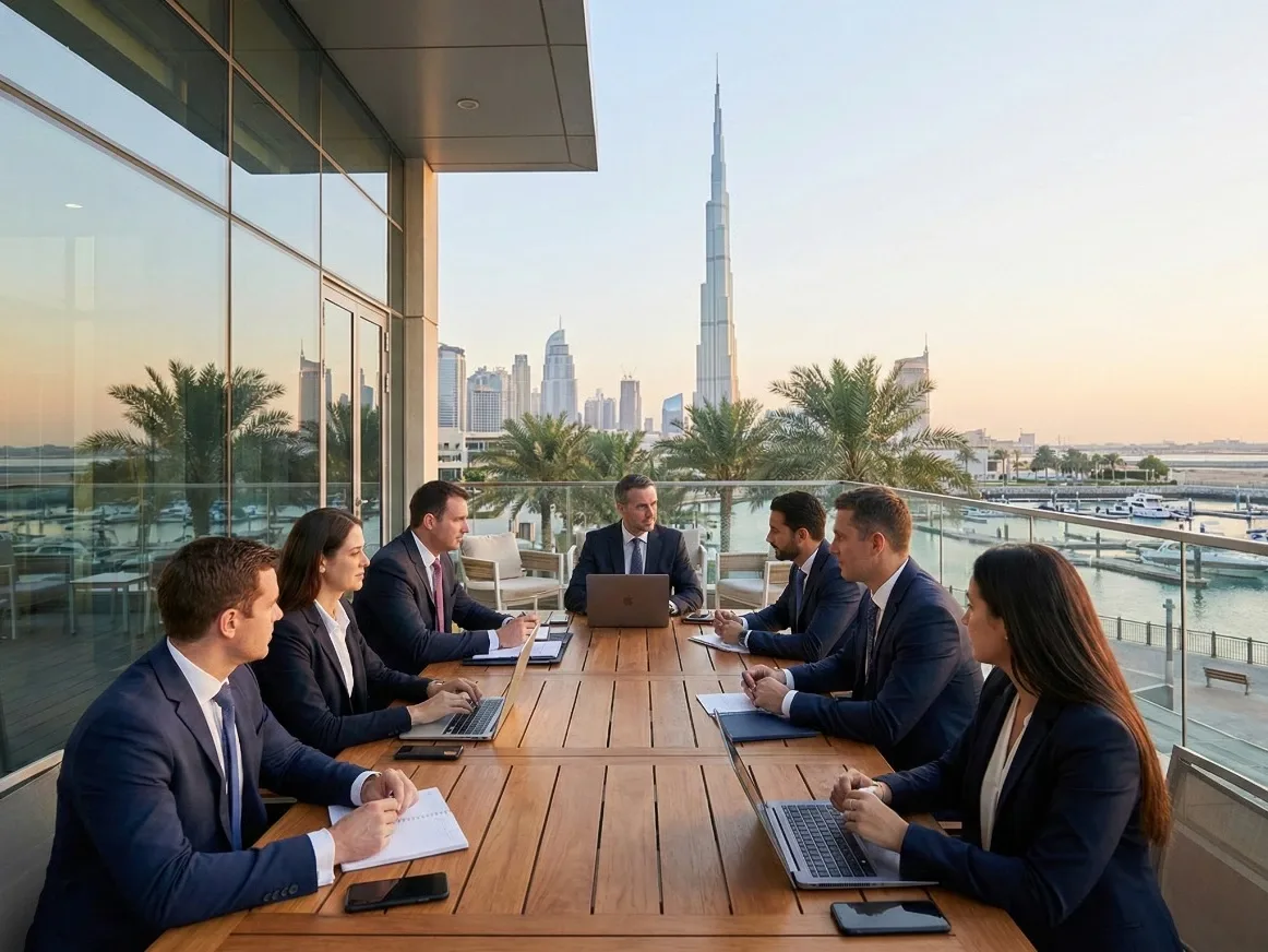 Business meeting setup with conference tables and presentation screen
