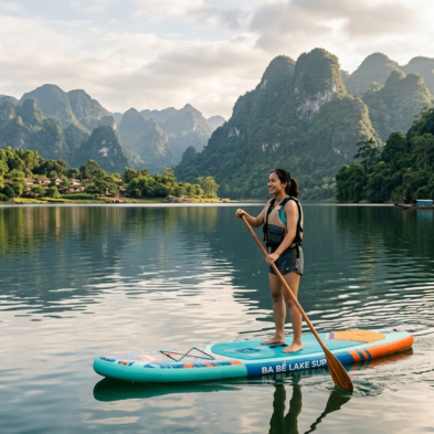 Stand-up paddleboarder crossing the calm waters of Ba Bể Lake surrounded by limestone mountains Vietnam