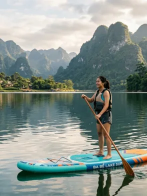 Stand-up paddleboarder crossing the calm waters of Ba Bể Lake surrounded by limestone mountains Vietnam