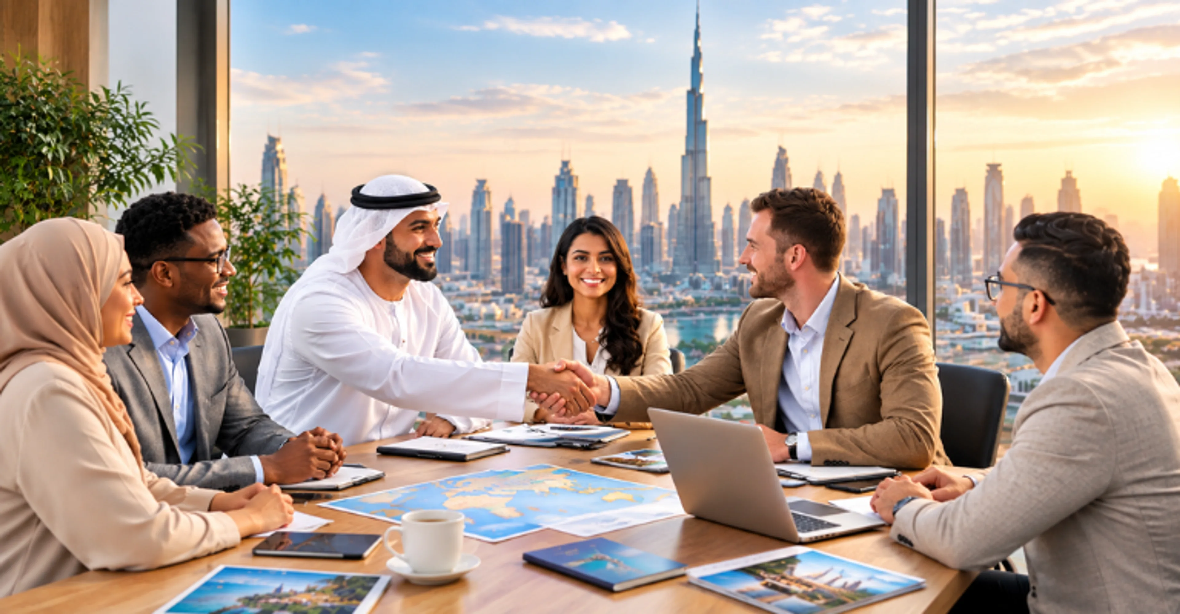 Royal Arabian representative shaking hands with international travel partners in a Dubai boardroom overlooking the Burj Khalifa