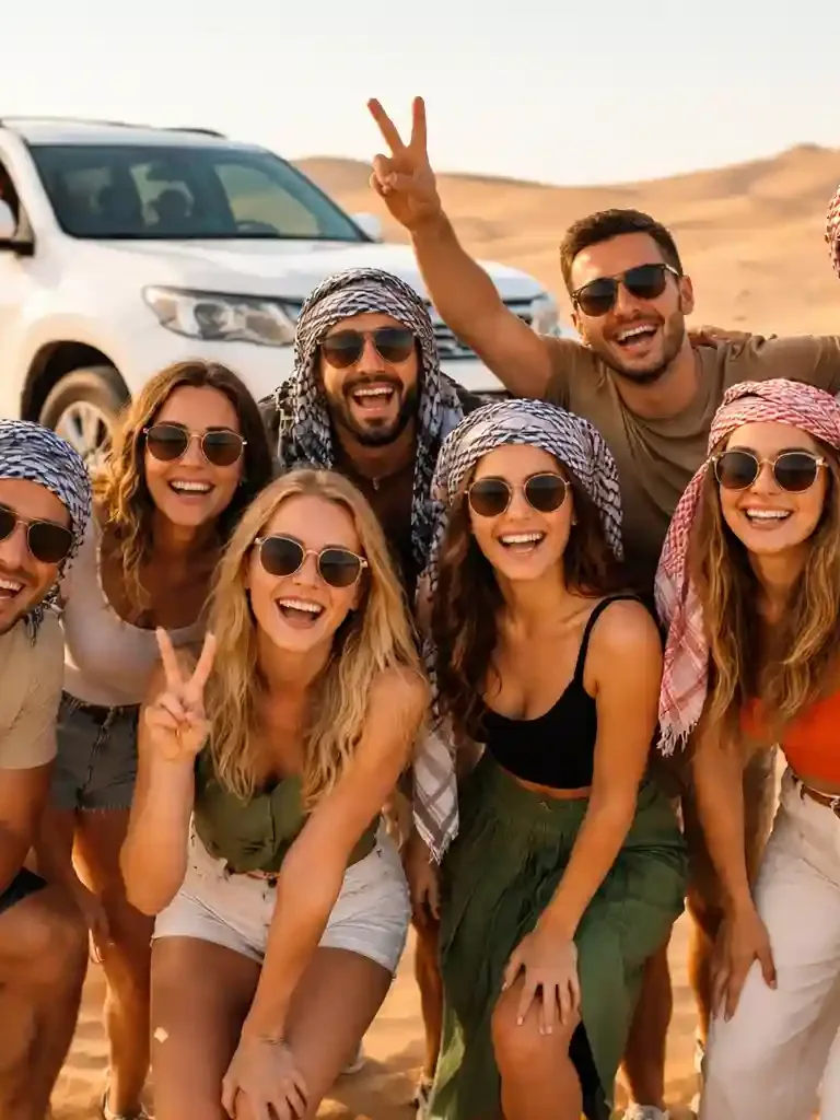 Dubai desert safari with dune bashing vehicles and golden sand dunes at sunset
