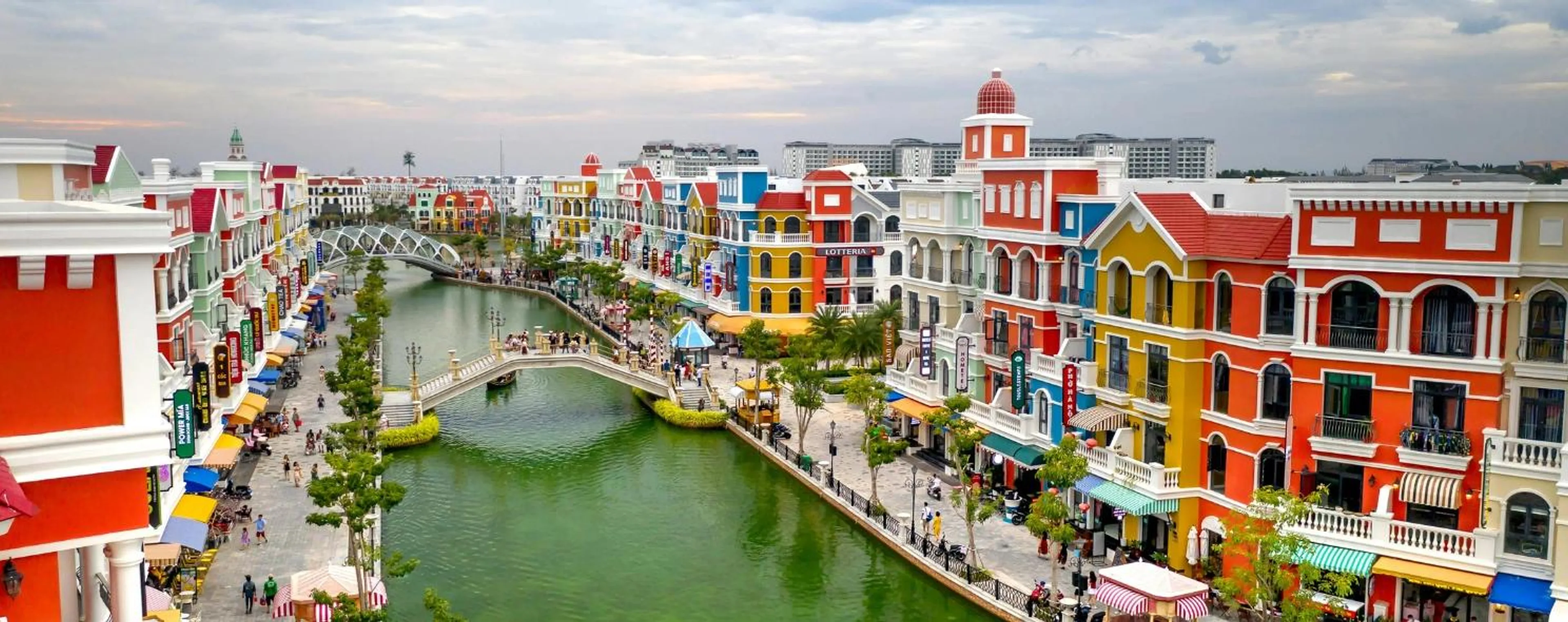 Colorful canal-side buildings at Phu Quoc's Grand World