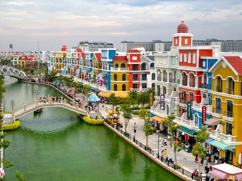 Colorful canal-side buildings at Phu Quoc's Grand World
